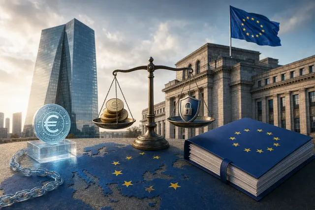 Editorial illustration of European stablecoin regulation and MiCA review