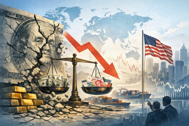 Editorial illustration of the U.S. dollar facing competing global currencies and financial networks