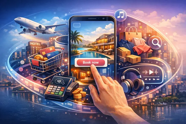 TikTok super-app ecosystem illustration with interconnected icons for hotel booking, shopping, fintech, games, local map discovery, and microdramas feeding into a central TikTok lo