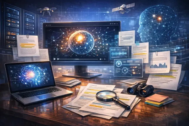 AI-generated illustration of a futuristic operating system interface centered on a Copilot AI assistant, with a multimodal input box and no traditional Start menu or desktop icons