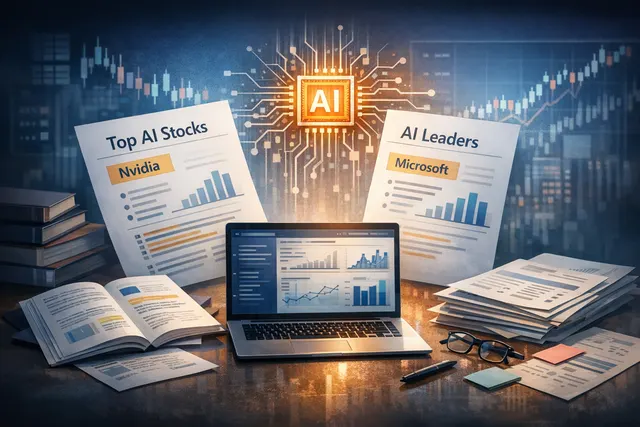 AI-generated editorial hero image showing stock market charts and AI-themed graphics
