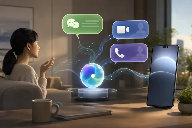 Conceptual illustration of a phone voice assistant connecting to a messaging app