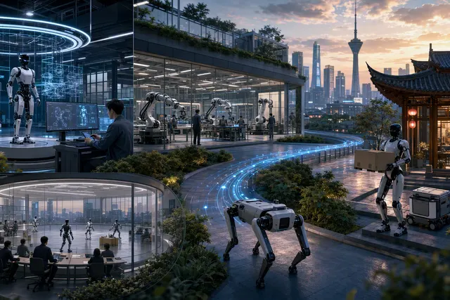 Editorial illustration of Unitree’s planned embodied-AI robotics expansion in Chengdu