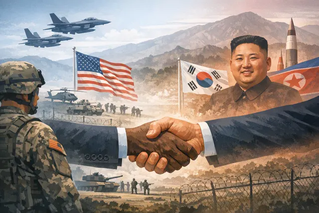 AI-generated editorial illustration about U.S.-South Korea military drills and renewed Trump-Kim Jong Un diplomacy