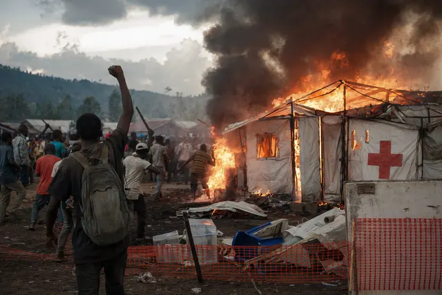 Illustration representing the Ebola outbreak response in eastern Congo with treatment tents and health workers