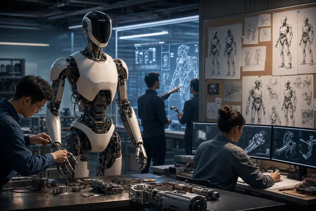 Editorial illustration of a humanoid robot representing OpenAI’s move into robotics hardware