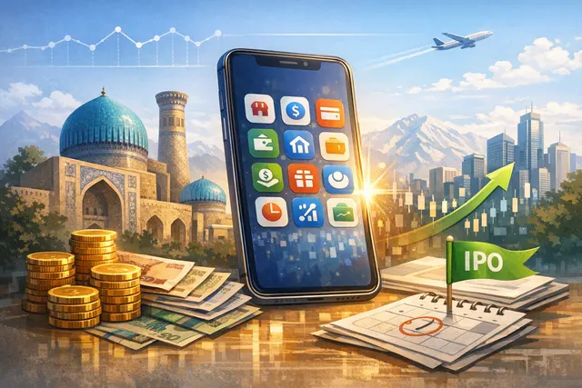 Digital illustration of Uzbekistan's fintech super-app Uzum's growth from startup to $2.3 billion valuation, featuring e-commerce, digital banking, and IPO timeline elements