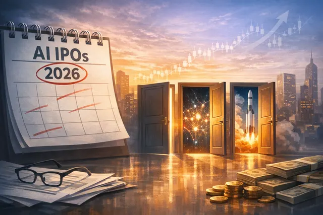 Artistic visualization of SpaceX, OpenAI, and Anthropic logos arranged like towering skyscrapers in a futuristic city skyline, representing their race toward mega-IPO valuations in