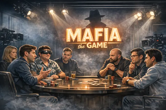Silicon Valley tech elites Sam Altman, Palmer Luckey, Bryan Johnson, and Moxie Marlinspike playing a card game on Founders Fund's new show MAFIA the GAME