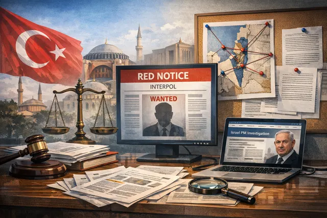 AI-generated editorial artwork representing a Turkish court ruling and Interpol Red Notice request for Benjamin Netanyahu