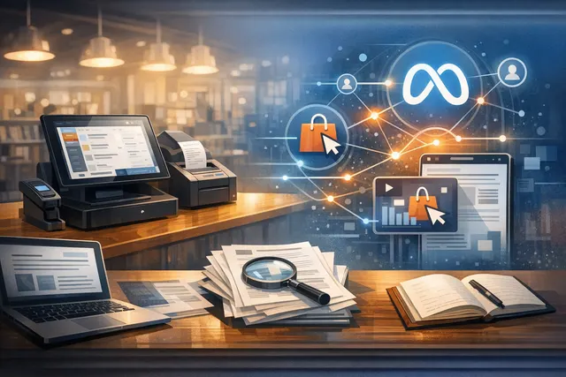 Conceptual illustration of a brick-and-mortar store connected to Meta advertising platforms, showing POS transaction data syncing for offline conversion tracking