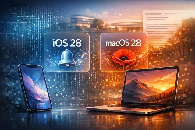 Conceptual graphic representing Apple's iOS 28 and macOS 28 operating systems development
