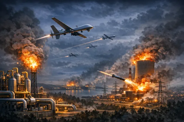 AI-generated editorial image representing a nighttime drone strike on energy infrastructure, with fire and smoke visible at an industrial facility.
