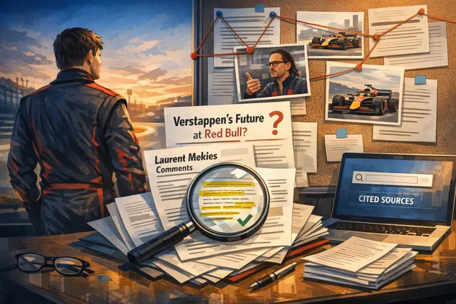 An AI-generated editorial image depicting the high-stakes situation surrounding Max Verstappen and Red Bull Racing in the 2026 Formula 1 season.