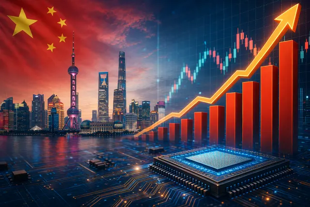Editorial illustration of China’s stock market rally driven by AI and semiconductor shares