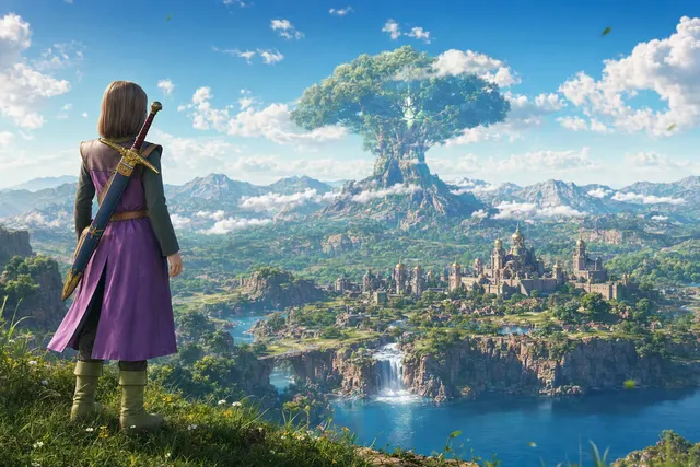 AI-generated illustration accompanying an article about Dragon Quest XI S on Nintendo Switch 2