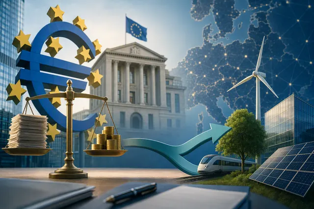 Editorial illustration of Christine Lagarde and Europe’s public-investment priorities in AI, defense and energy