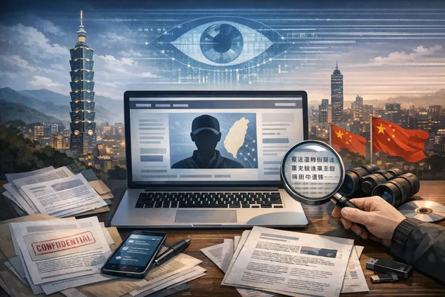 AI-generated promotional image for Taiwan's NSB intelligence portal for Chinese informants, featuring a stylized map and digital security motifs.