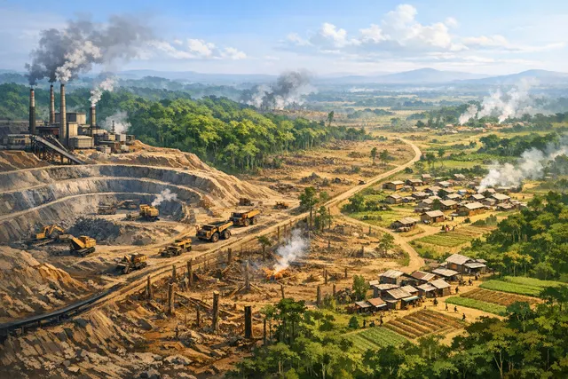 Aerial view contrasting an industrial African mine site carved into dense tropical forest with surrounding deforestation from roads and settlements spreading outward