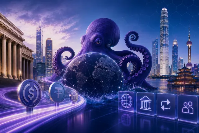AI-generated editorial illustration of stablecoin payment rails, corporate cards and cross-border transfers connected to Kraken’s Reap deal