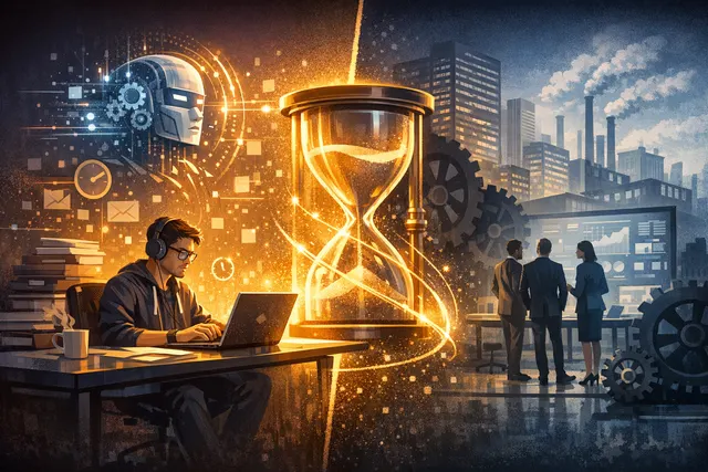 A split illustration showing a worker saving hours with AI on one side and a frustrated executive staring at stagnant productivity charts on the other, representing the AI producti