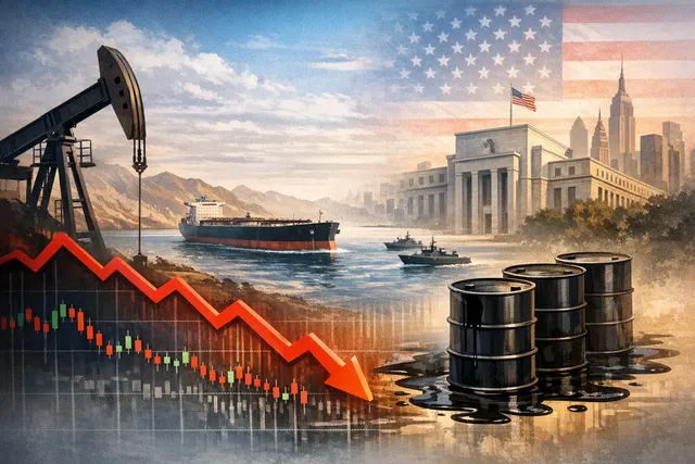 Editorial illustration of crude oil markets and tanker shipping near the Strait of Hormuz