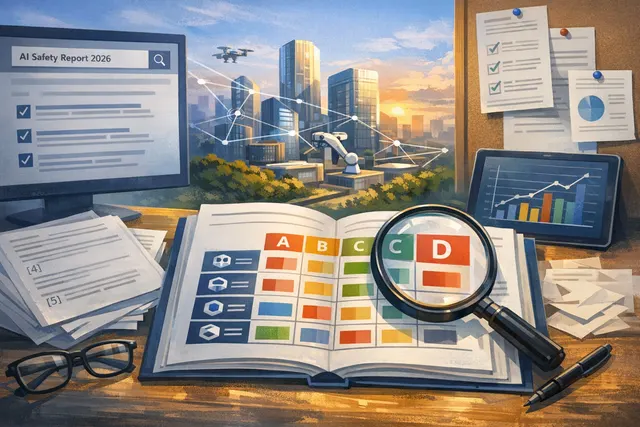 Conceptual illustration of an AI safety report card showing letter grades from A to F in a grid-like layout, representing the Future of Life Institute Summer 2026 AI Safety Index.