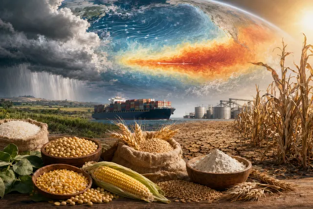 Illustration of global agriculture and climate patterns representing El Niño’s impact on food production