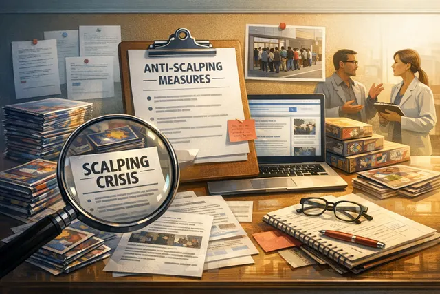 AI-generated editorial illustration of Pokémon trading cards and anti-scalping measures