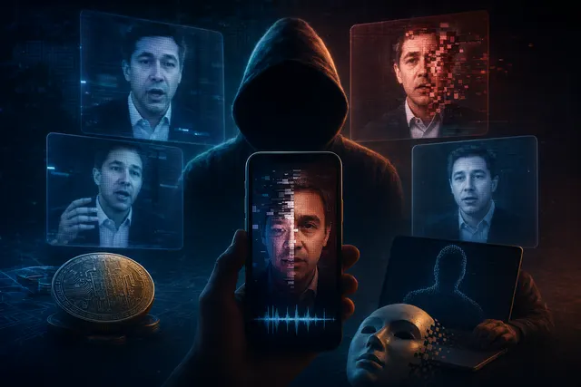 Concept image showing AI deepfake scams targeting cryptocurrency investors