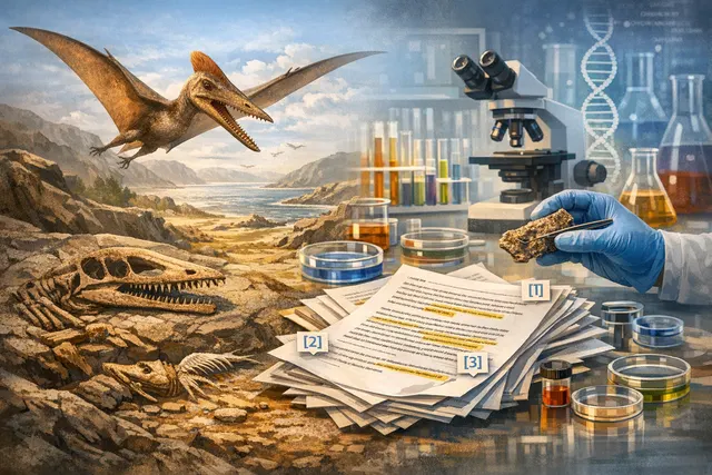 AI-generated illustration of a pterosaur wing bone fossil preserved in three dimensions, surrounded by translucent mineral layers representing the geological vault that protected i