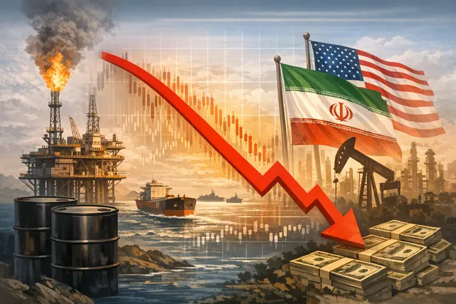 Oil tanker near a digital screen showing falling Brent crude price chart with Strait of Hormuz map in background