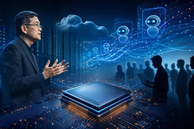 Illustration of AI agents, CPUs and chip manufacturing, representing Intel’s reported CPU supply constraint