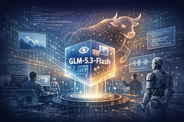 Abstract editorial illustration representing Z.ai’s GLM-5.3-Flash model and the anonymous Ox Alpha stealth launch