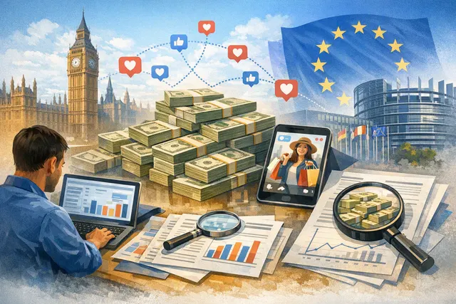 Illustration of Temu advertising, social media creator accounts, and AI-generated influencer content