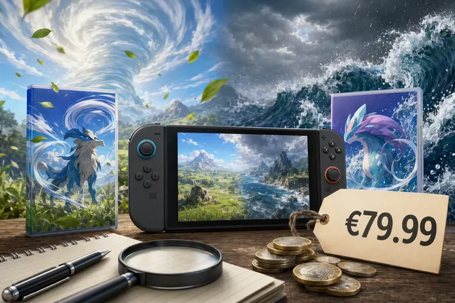 Illustration referencing Pokémon Winds and Waves and a €79.99 price listing sparking $80 game speculation