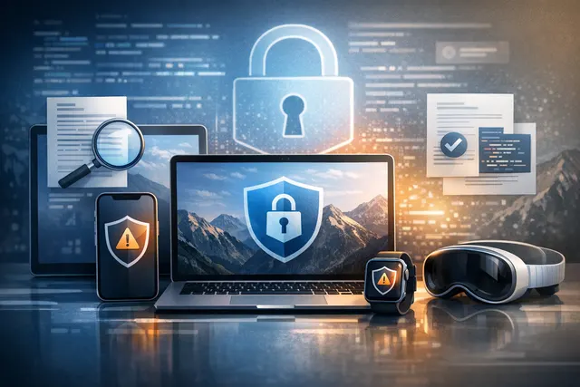 Conceptual illustration of Apple security update with shield, code, and AI-related visual elements representing the July 27, 2026 patch release