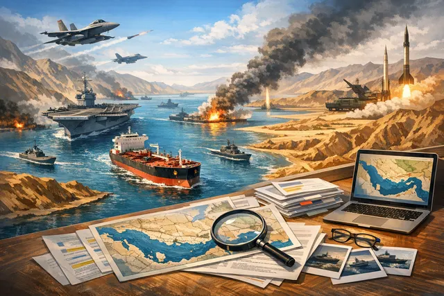A conceptual image showing the Strait of Hormuz as a narrow maritime choke point, with cargo ships and an oil tanker navigating the waterway, representing the disruption to global