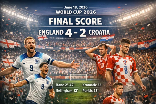 Harry Kane celebrating a goal for England during a chaotic 2026 World Cup match against Croatia at AT&T Stadium
