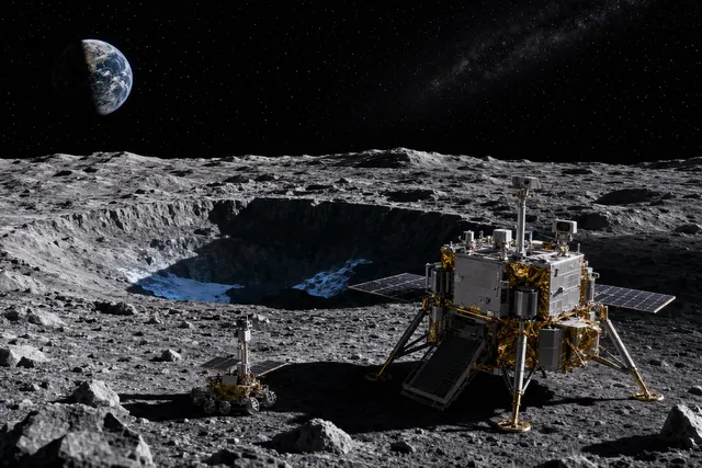 Illustration of a robotic lunar mission exploring the Moon’s south-polar region