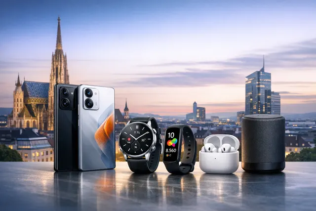 Collage of Xiaomi's new products launched at the Vienna event on May 28, including the 17T smartphone, Watch S5, Buds 6, Smart Band 10 Pro, and Sound Play speaker, set against a dy