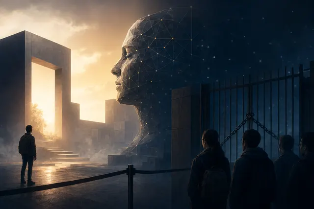 Abstract editorial image representing the Claude Mythos AI model and an uncertain release timeline