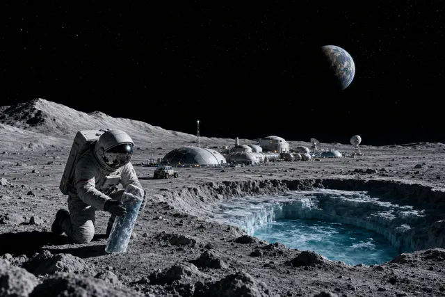 Illustration of a proposed lunar settlement near the Moon’s surface, highlighting the challenge of limited water resources.