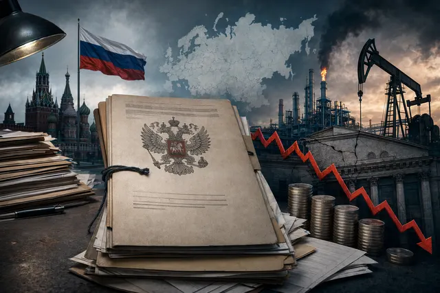 Editorial illustration representing leaked Russian documents and economic pressure during the Ukraine war