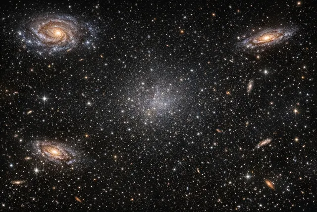 An illustration of the Hubble Space Telescope observing a faint dwarf galaxy against a backdrop of deep space and distant spiral galaxies.