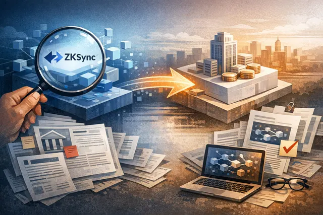 Abstract visualization of Tradable migrating $1 billion in private credit assets from ZKsync to the Stellar blockchain, with DTCC tokenization connection represented as a bridge