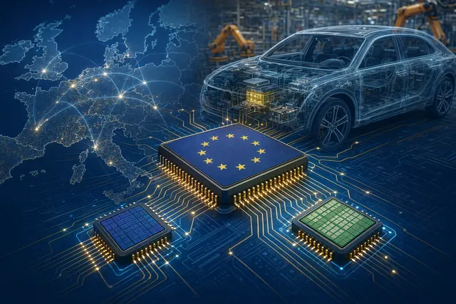 Illustration of semiconductor chips and European Union symbols representing the EU Chips Act II and supply‑chain resilience