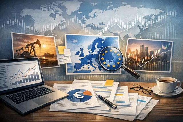 A chart visualising eurozone PMI data and oil price trends over time, with a stylised globe and upward-trending stock market line in the background.
