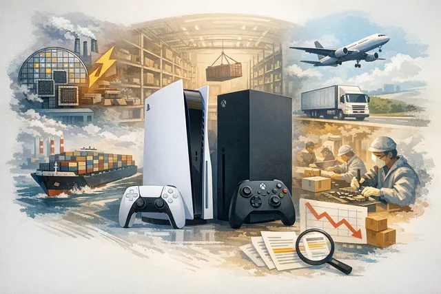 A stylized image of a PlayStation 5 DualSense controller and an Xbox Series X controller on a dark background, with the GTA 6 logo and a 'Shortage Warning' graphic.
