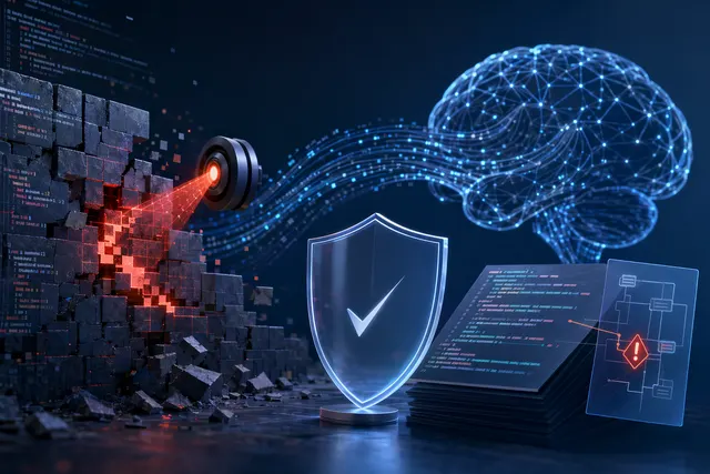 抽象代码编辑器界面上叠加 AI 安全扫描、漏洞提示和补丁修复元素